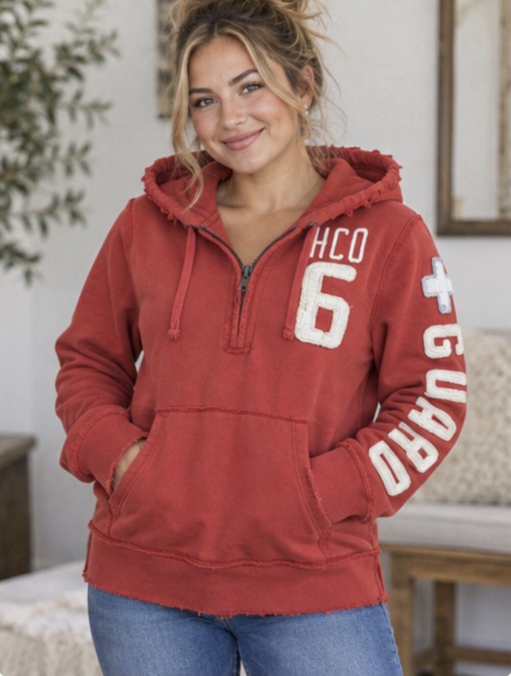 Hollister Lifeguard Hoodie Womens Small Red Half Zip Applique Distressed Y2K